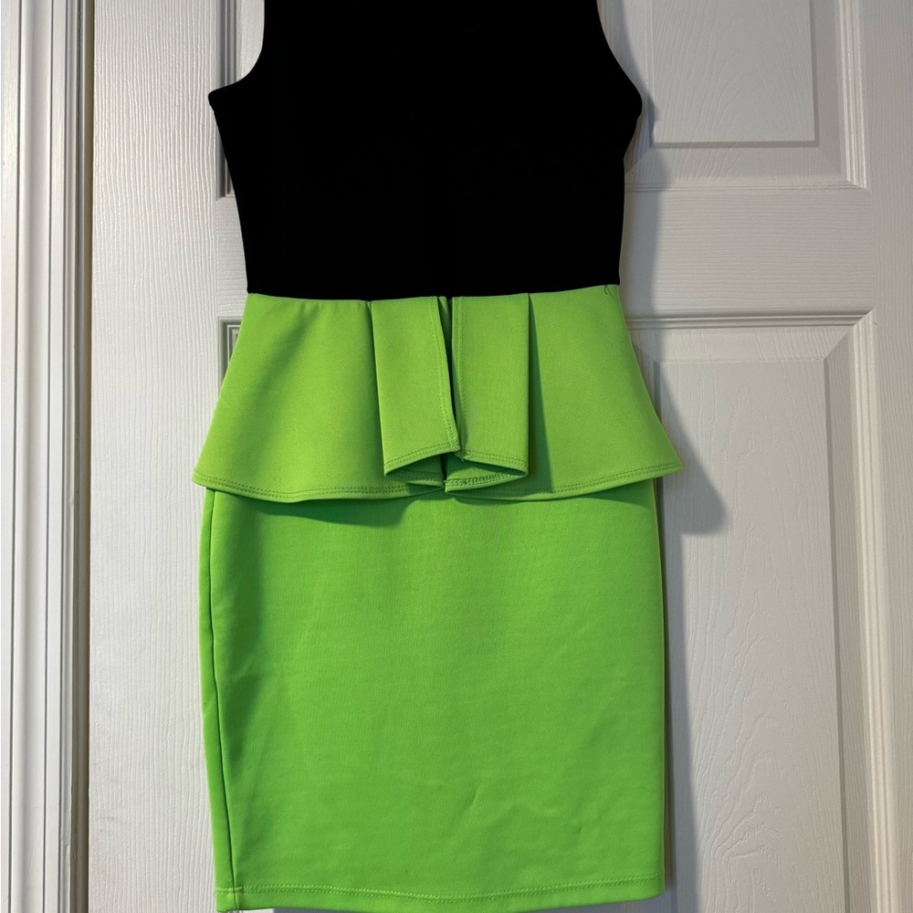 Chic Black and Neon Green Peplum Dress